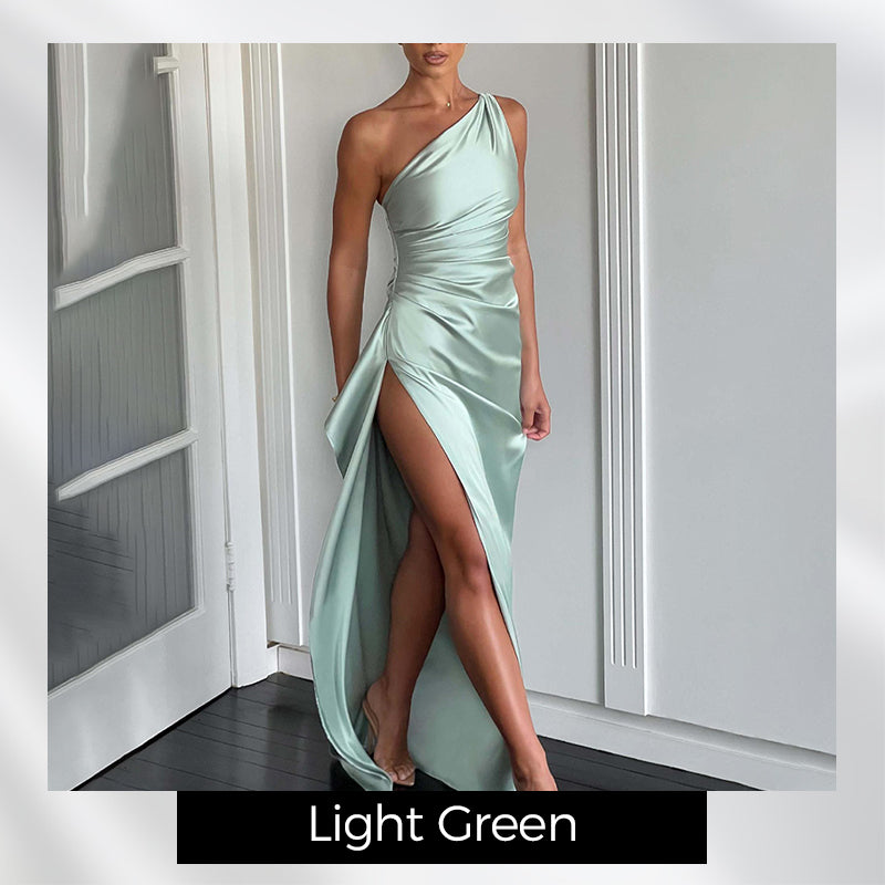 💜 LAST DAY PROMOTION 50%OFF 💜Fits Your Curves Satin One Shoulder Drape Slit Maxi Dress