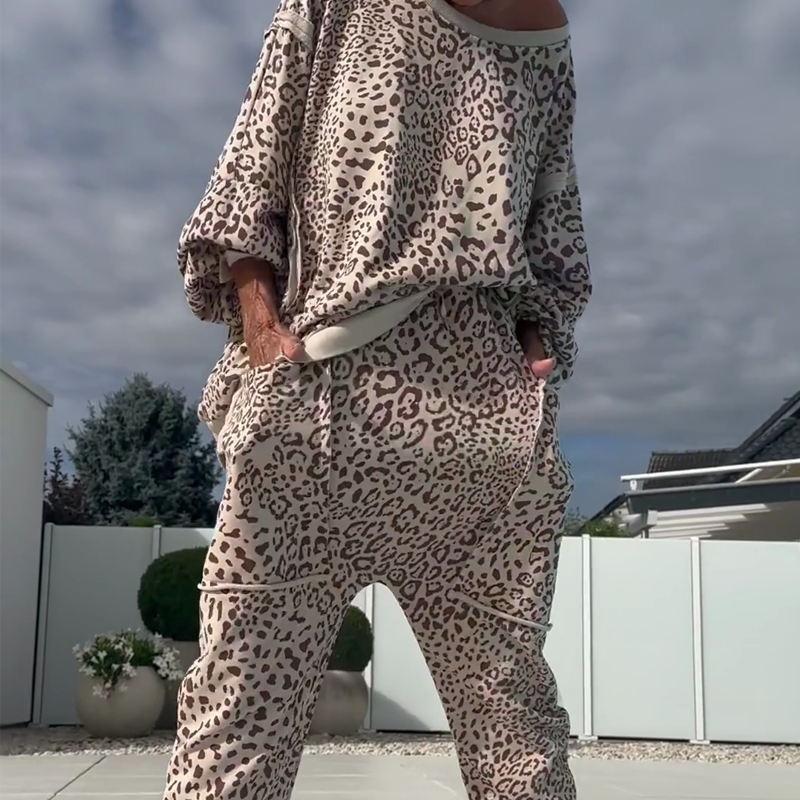 💃Ensemble 2 pièces pour femme avec haut et pantalon à imprimé léopard ☕ – Coupe décontractée, idéal pour le brunch ou les courses du week-end ✨