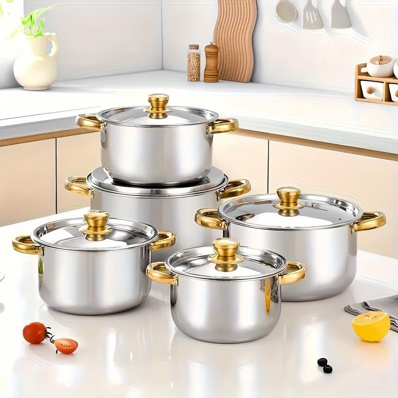 🍳 50% RABATT! 🔥 5-teiliges Kochset – Robuster Edelstahl, Glasdeckel & Elegante Gold-Akzente für Eine Stilvolle Küche ✨