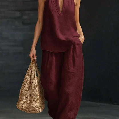 👚🔥Boho-Leinen-Zweiteiler – perfekt für Strand, Urlaub und Brunch! Set aus ärmellosem Neckholder-Oberteil und Hose mit weitem Bein
