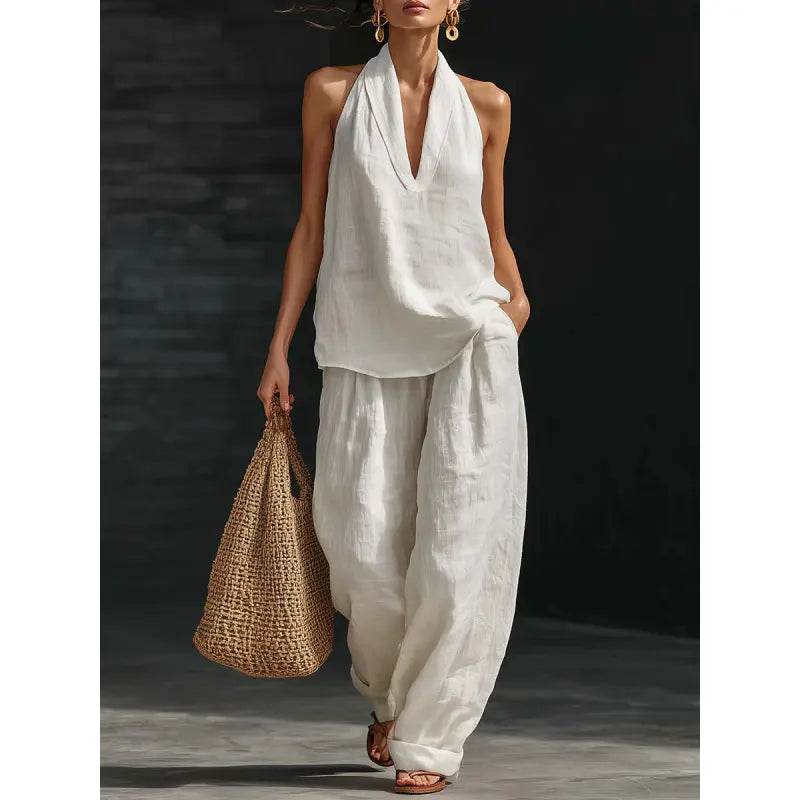 👚🔥Boho-Leinen-Zweiteiler – perfekt für Strand, Urlaub und Brunch! Set aus ärmellosem Neckholder-Oberteil und Hose mit weitem Bein
