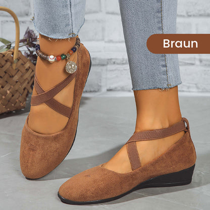 💃🔥Letzter Tag Promotion 50% Rabatt🔥Elegante feste Farbe elastische Riemen niedrige Keilschuhe