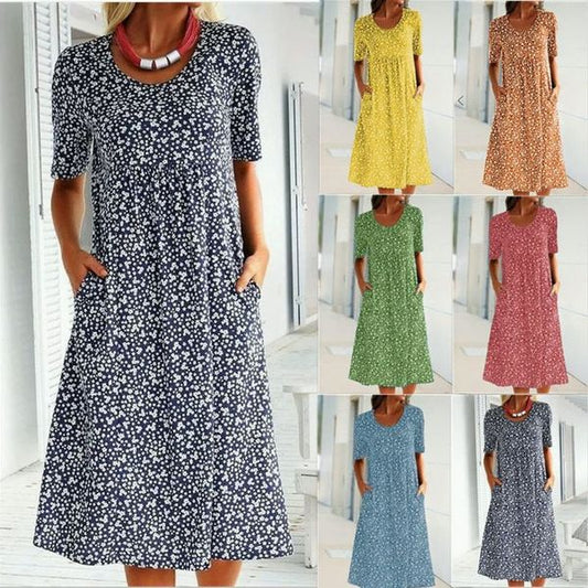 🌸2025 NEW SALES - 50% OFF🌸💃Casual Women Cotton Scoop Neck Floral Dress (8 Colors with Pockets)