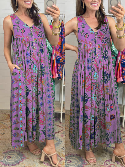 🔥50% Rabatt im Sonderangebot🔥Vintage Blumendruck Lockerer Ärmelloser Jumpsuit