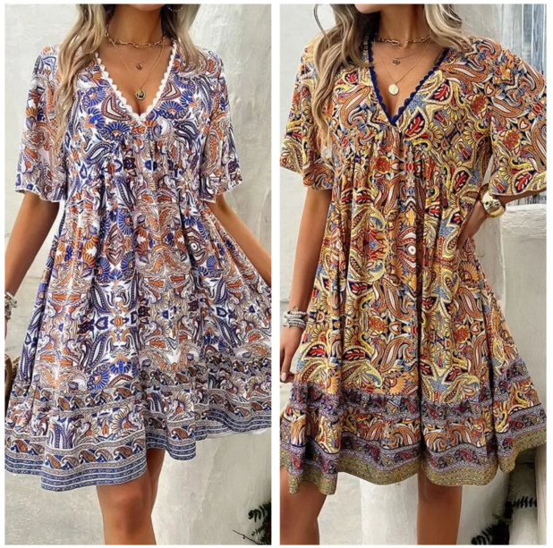 🔥Schneller Abverkauf – 50 % Rabatt👗Minikleid mit Blumenmuster und V-Ausschnitt und kurzen Ärmeln für Damen