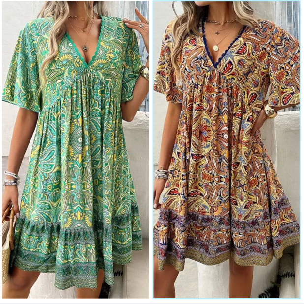 🔥Schneller Abverkauf – 50 % Rabatt👗Minikleid mit Blumenmuster und V-Ausschnitt und kurzen Ärmeln für Damen