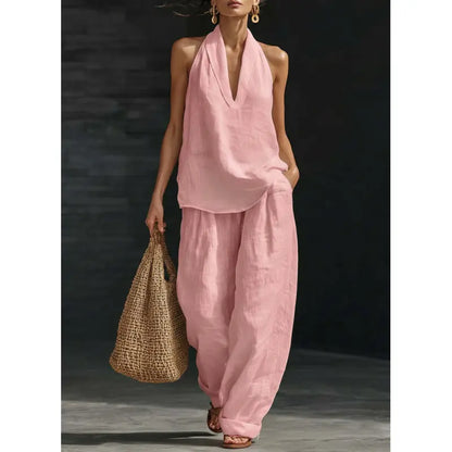 👚🔥Boho-Leinen-Zweiteiler – perfekt für Strand, Urlaub und Brunch! Set aus ärmellosem Neckholder-Oberteil und Hose mit weitem Bein