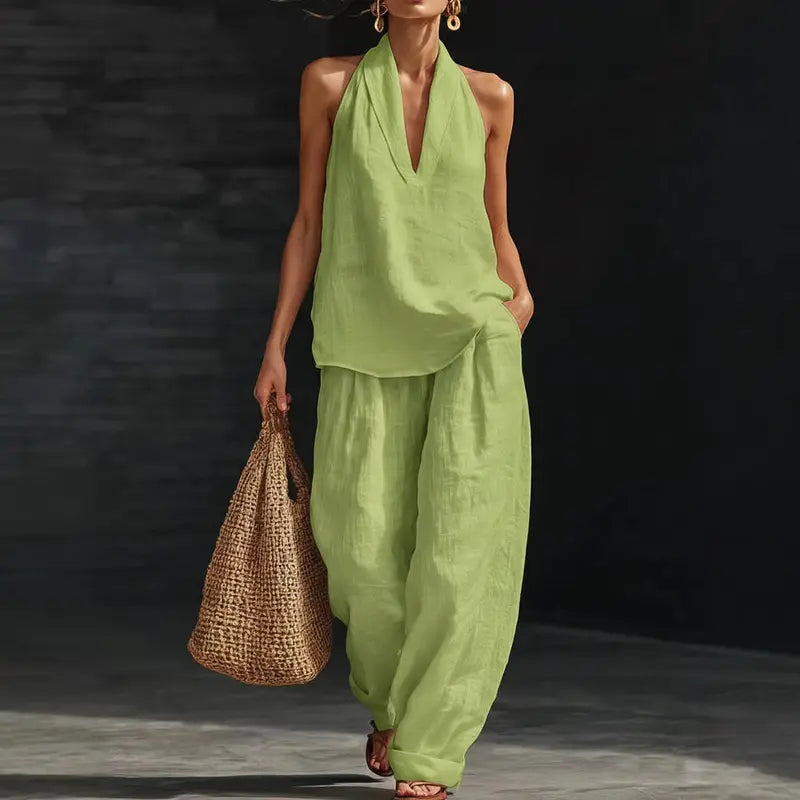 👚🔥Boho-Leinen-Zweiteiler – perfekt für Strand, Urlaub und Brunch! Set aus ärmellosem Neckholder-Oberteil und Hose mit weitem Bein