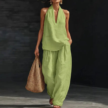 👚🔥Boho-Leinen-Zweiteiler – perfekt für Strand, Urlaub und Brunch! Set aus ärmellosem Neckholder-Oberteil und Hose mit weitem Bein