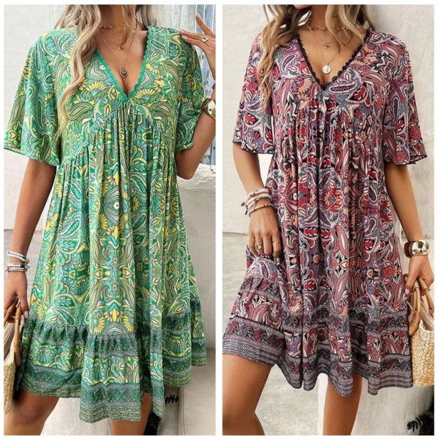 🔥Schneller Abverkauf – 50 % Rabatt👗Minikleid mit Blumenmuster und V-Ausschnitt und kurzen Ärmeln für Damen