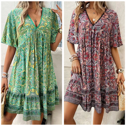 🔥Schneller Abverkauf – 50 % Rabatt👗Minikleid mit Blumenmuster und V-Ausschnitt und kurzen Ärmeln für Damen