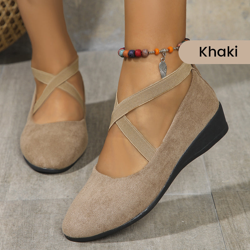 💃🔥Letzter Tag Promotion 50% Rabatt🔥Elegante feste Farbe elastische Riemen niedrige Keilschuhe