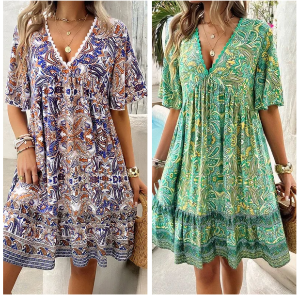 🔥Schneller Abverkauf – 50 % Rabatt👗Minikleid mit Blumenmuster und V-Ausschnitt und kurzen Ärmeln für Damen