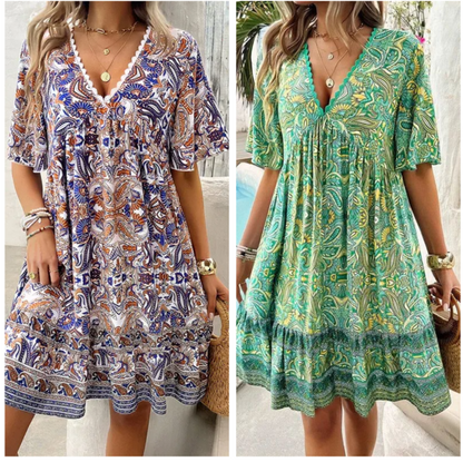 🔥Schneller Abverkauf – 50 % Rabatt👗Minikleid mit Blumenmuster und V-Ausschnitt und kurzen Ärmeln für Damen