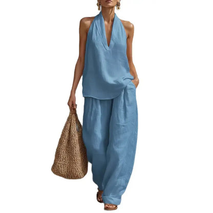 👚🔥Boho-Leinen-Zweiteiler – perfekt für Strand, Urlaub und Brunch! Set aus ärmellosem Neckholder-Oberteil und Hose mit weitem Bein