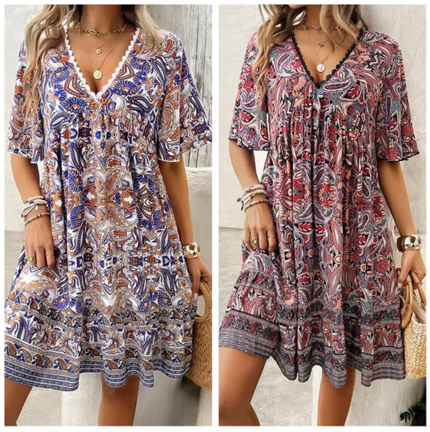 🔥Schneller Abverkauf – 50 % Rabatt👗Minikleid mit Blumenmuster und V-Ausschnitt und kurzen Ärmeln für Damen