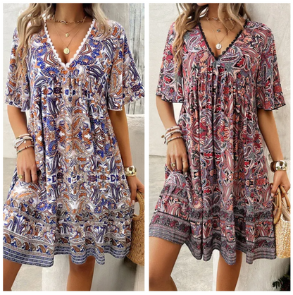 🔥Schneller Abverkauf – 50 % Rabatt👗Minikleid mit Blumenmuster und V-Ausschnitt und kurzen Ärmeln für Damen