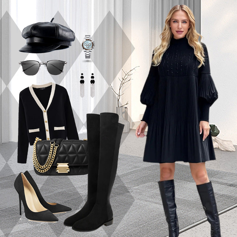 🍁2025 Neues Design✨Damenkleid in Übergröße mit Laternenärmeln und Stehkragen🌈👗