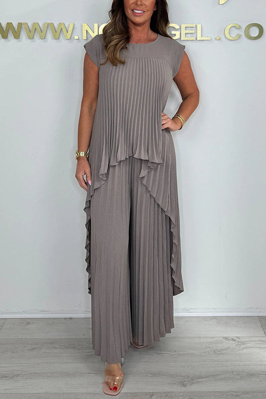 ✨Schneller Verkauf 49 % Rabatt🌸👗Laney Set aus plissiertem, kurzärmligem, unregelmäßigem Midi-Top und Hose mit weitem Bein und elastischer Taille