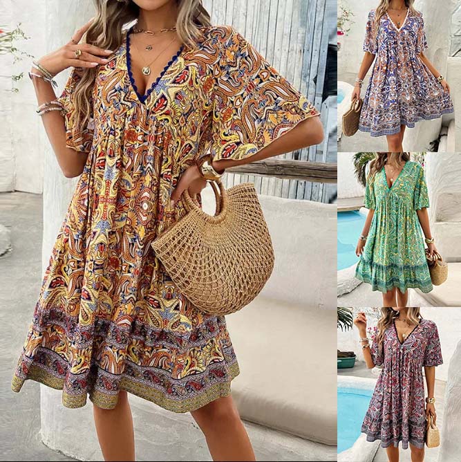 🔥Schneller Abverkauf – 50 % Rabatt👗Minikleid mit Blumenmuster und V-Ausschnitt und kurzen Ärmeln für Damen