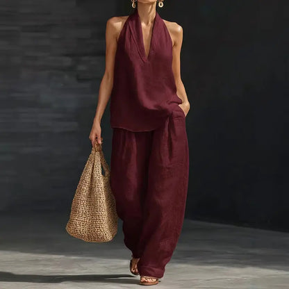 👚🔥Boho-Leinen-Zweiteiler – perfekt für Strand, Urlaub und Brunch! Set aus ärmellosem Neckholder-Oberteil und Hose mit weitem Bein