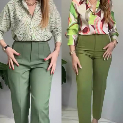 🌸2-teiliges Set aus bedrucktem Hemd und Hose mit Knöpfen für Damen