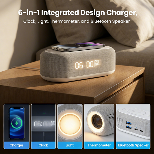 🔋6-in-1 Kabellose Ladestation 25W – Uhr, Wecker, Bluetooth-Lautsprecher & Nachtlicht | All-in-One für den Nachttisch!