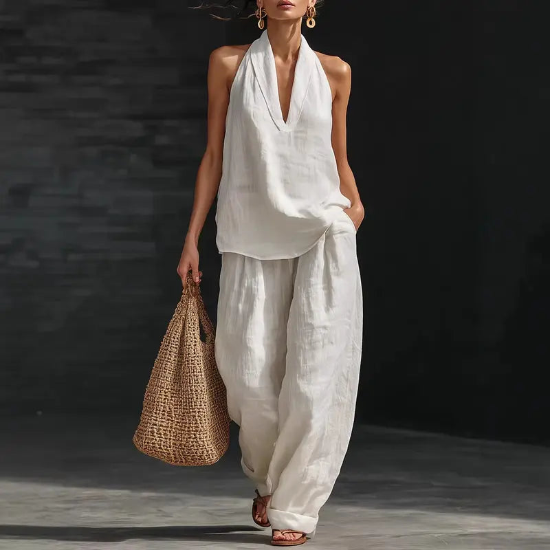 👚🔥Boho-Leinen-Zweiteiler – perfekt für Strand, Urlaub und Brunch! Set aus ärmellosem Neckholder-Oberteil und Hose mit weitem Bein