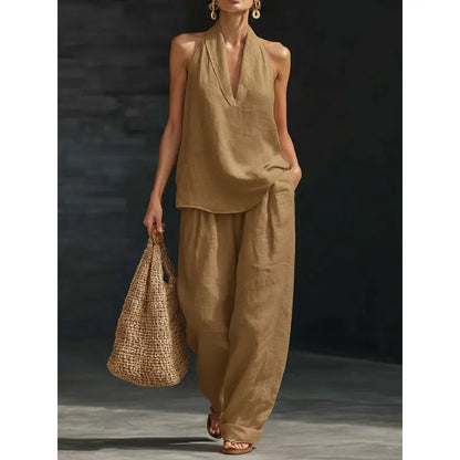 👚🔥Boho-Leinen-Zweiteiler – perfekt für Strand, Urlaub und Brunch! Set aus ärmellosem Neckholder-Oberteil und Hose mit weitem Bein