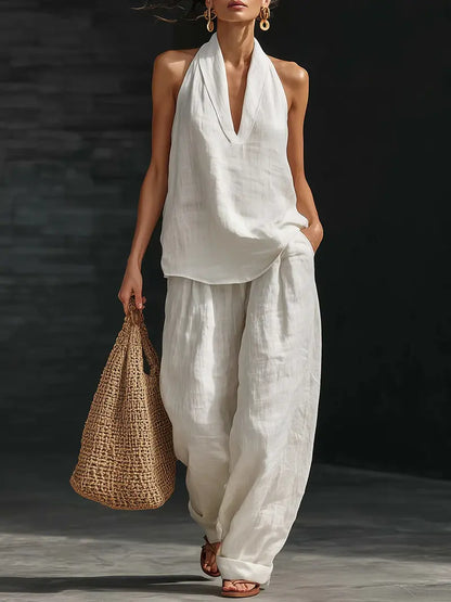👚🔥Boho-Leinen-Zweiteiler – perfekt für Strand, Urlaub und Brunch! Set aus ärmellosem Neckholder-Oberteil und Hose mit weitem Bein