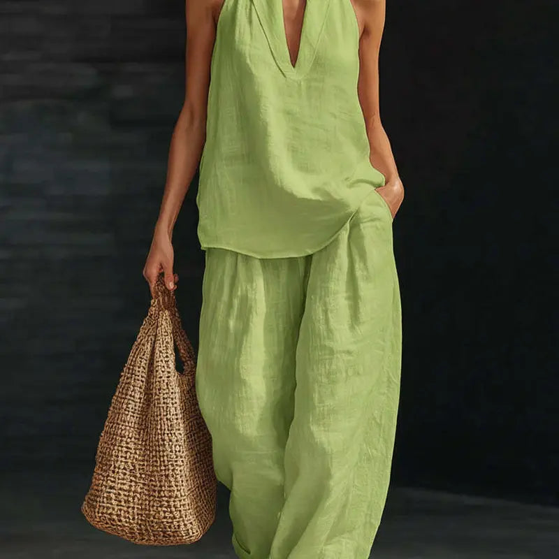 👚🔥Boho-Leinen-Zweiteiler – perfekt für Strand, Urlaub und Brunch! Set aus ärmellosem Neckholder-Oberteil und Hose mit weitem Bein