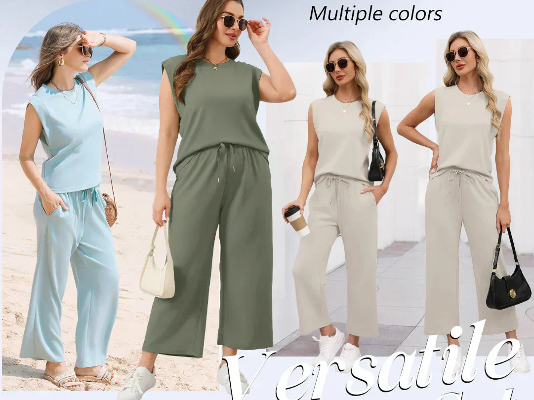🌺2025 Neu eingetroffen - 49% OFF🌺2025 Neue Frauen Casual Cap Sleeve Top Wide Leg Crop Pants Zweiteilige Sets
