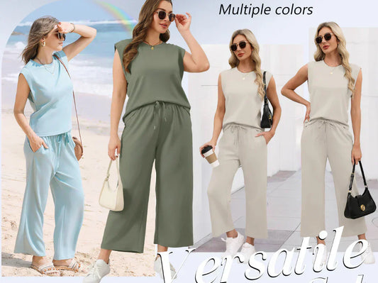 🌺2025 Neu eingetroffen - 49% OFF🌺2025 Neue Frauen Casual Cap Sleeve Top Wide Leg Crop Pants Zweiteilige Sets