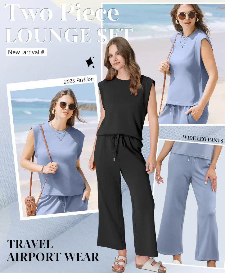 🌺2025 Neu eingetroffen - 49% OFF🌺2025 Neue Frauen Casual Cap Sleeve Top Wide Leg Crop Pants Zweiteilige Sets