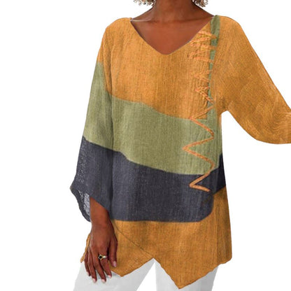 💖2025 Neues Angebot💖💃Elegantes lässiges V-Ausschnitt Langarm Kunstmuster bedrucktes Top für Damen