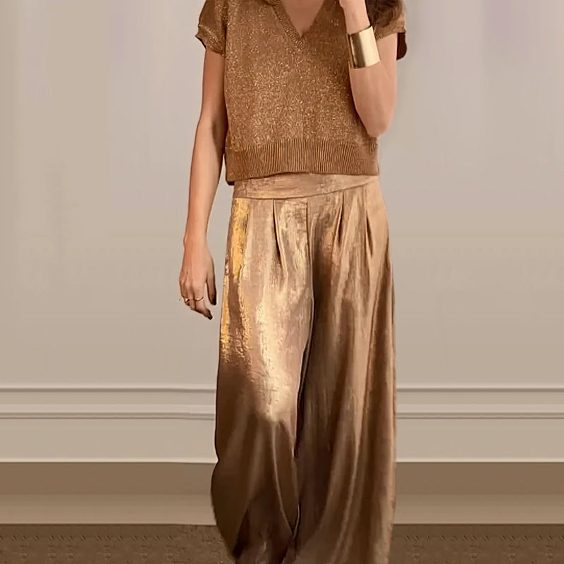 ❤️‍🔥👖Casual glanzende tweedelige damesset met korte mouwen en wijde pijpen