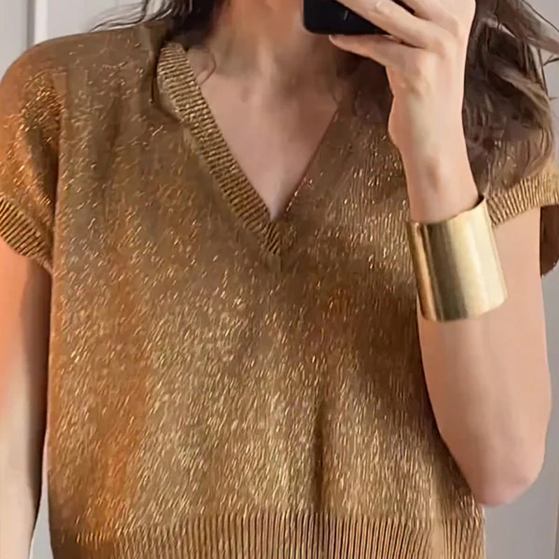 ❤️‍🔥👖Casual glanzende tweedelige damesset met korte mouwen en wijde pijpen