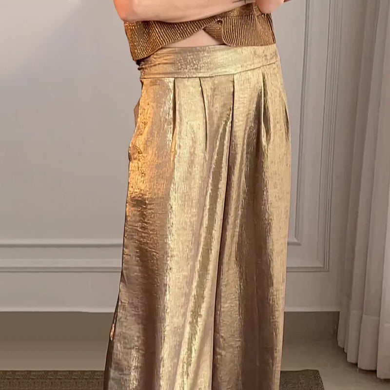 ❤️‍🔥👖Casual glanzende tweedelige damesset met korte mouwen en wijde pijpen