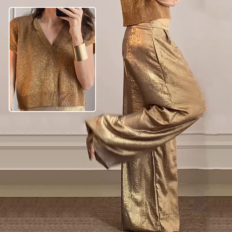 ❤️‍🔥👖Casual glanzende tweedelige damesset met korte mouwen en wijde pijpen