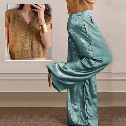 ❤️‍🔥👖Casual glanzende tweedelige damesset met korte mouwen en wijde pijpen