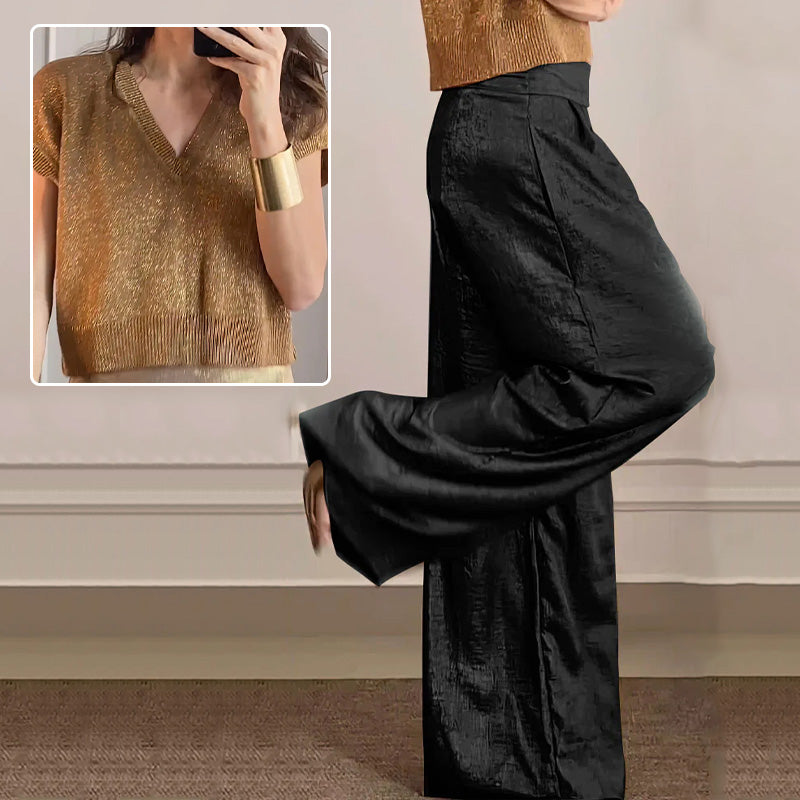 ❤️‍🔥👖Casual glanzende tweedelige damesset met korte mouwen en wijde pijpen