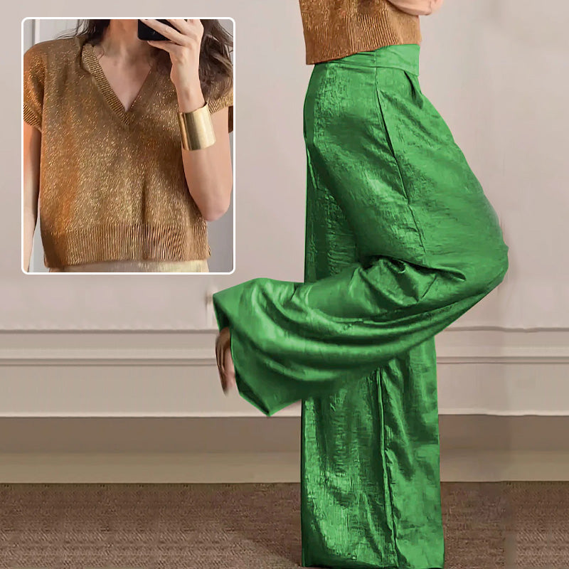 ❤️‍🔥👖Casual glanzende tweedelige damesset met korte mouwen en wijde pijpen
