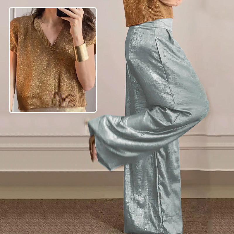 ❤️‍🔥👖Casual glanzende tweedelige damesset met korte mouwen en wijde pijpen