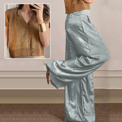 ❤️‍🔥👖Casual glanzende tweedelige damesset met korte mouwen en wijde pijpen