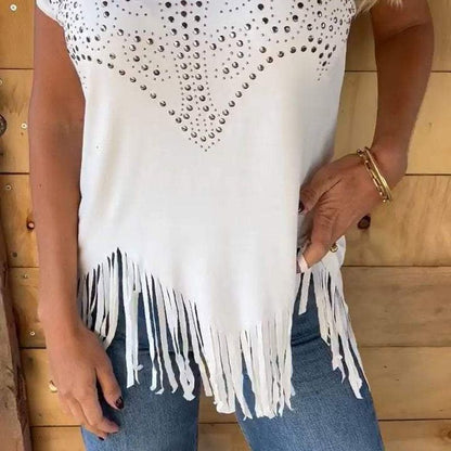 👚50% Rabatt💕Unifarbenes, kurzärmeliges Damen-T-Shirt mit heißem Aufdruck und ausgefranstem Saum