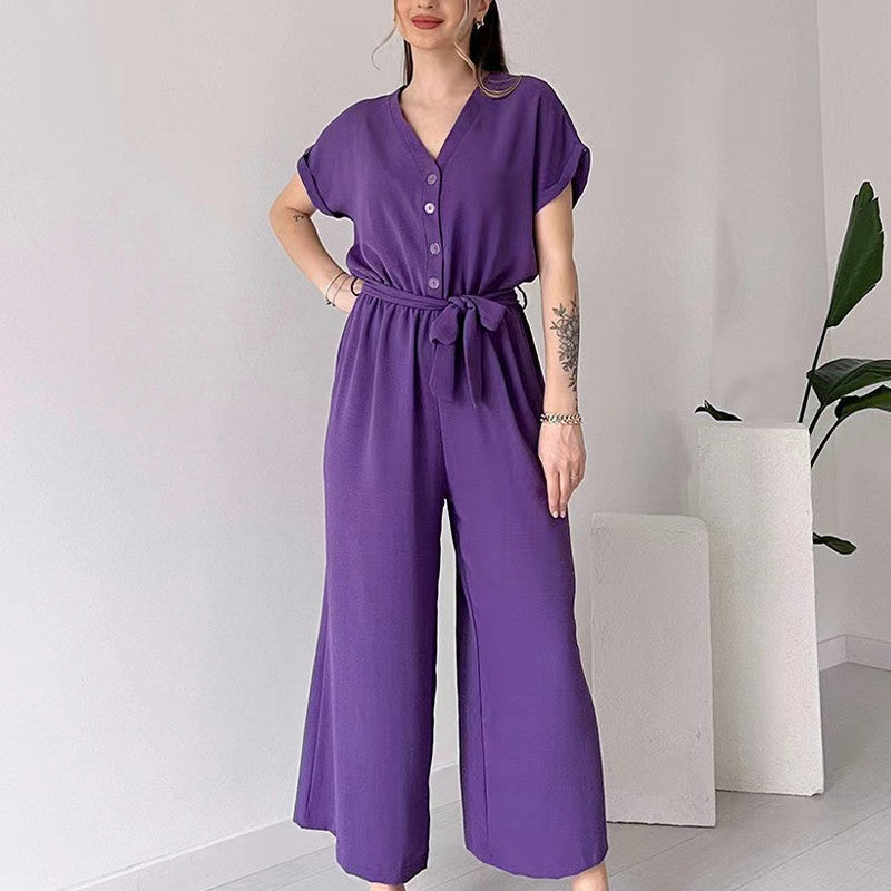 🌸 Lässiger Damen Overall mit V-Ausschnitt und kurzen Ärmeln