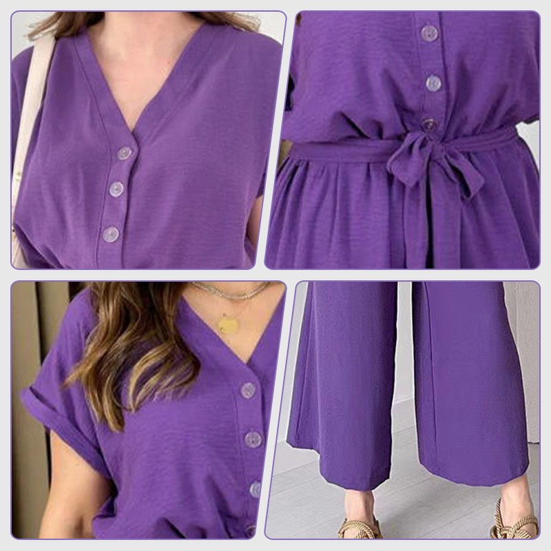 🌸 Lässiger Damen Overall mit V-Ausschnitt und kurzen Ärmeln