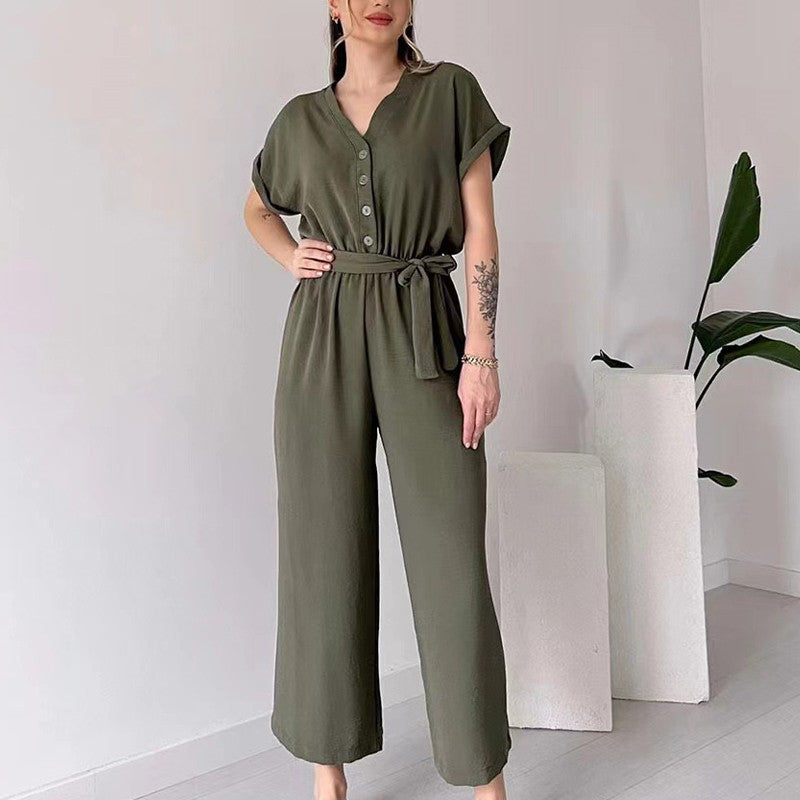 🌸 Lässiger Damen Overall mit V-Ausschnitt und kurzen Ärmeln