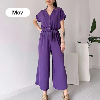 🌸 Lässiger Damen Overall mit V-Ausschnitt und kurzen Ärmeln