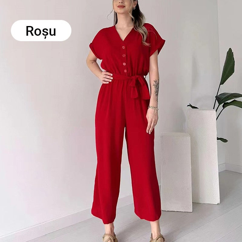 🌸 Lässiger Damen Overall mit V-Ausschnitt und kurzen Ärmeln